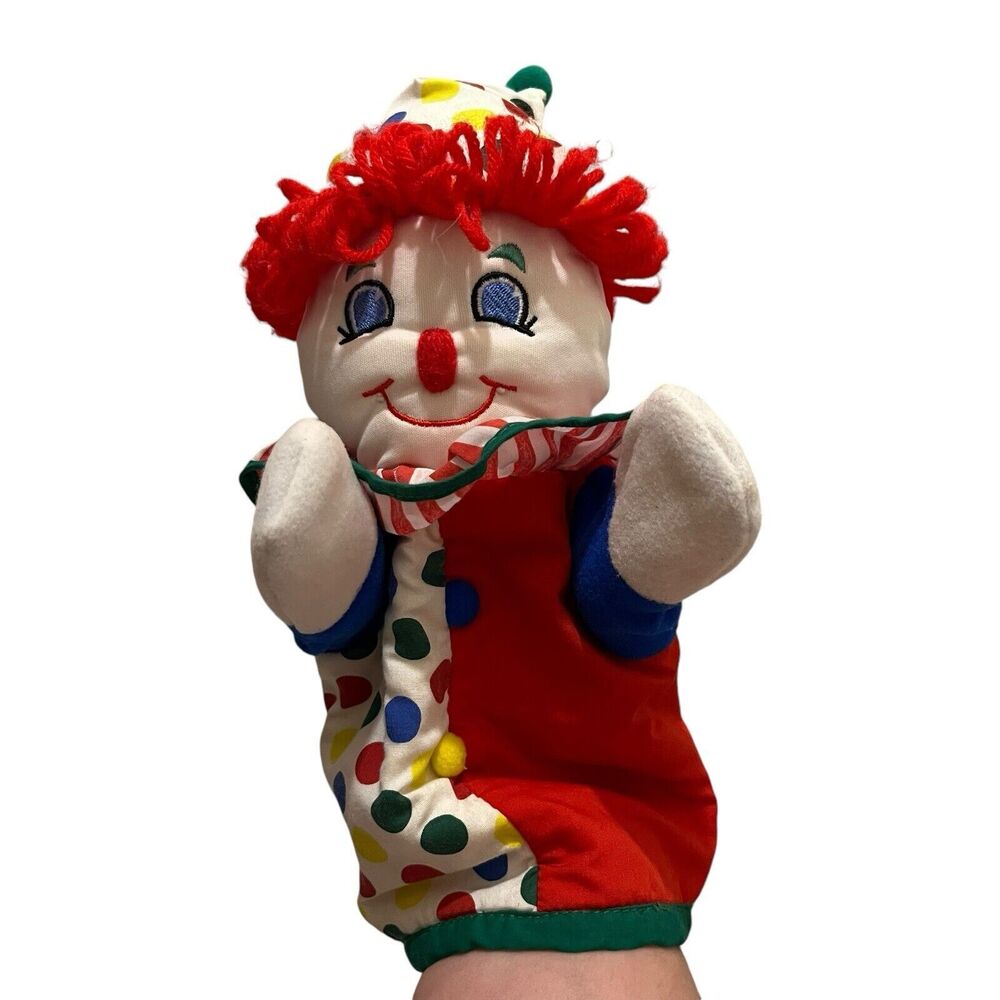 Vintage Hand Puppet Clown Kids II 1995 Red Yarn Hair Polka Dot 10"